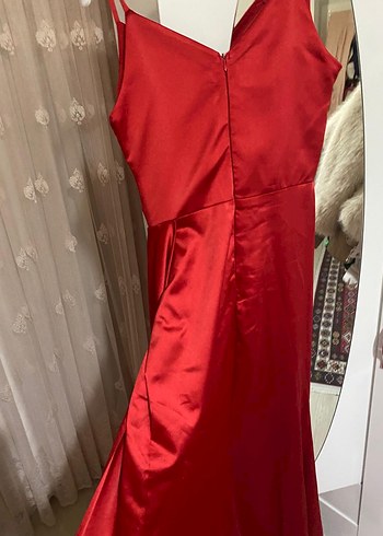 Kırmızı Uzun Drapeli V-Yaka Abiye Elbise - Görsel 5