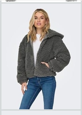 Gri Kapüşonlu Peluş Kadın Ceket - Görsel 2