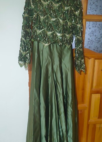 Yeşil Uzun Kollu Nakışlı Vintage Elbise