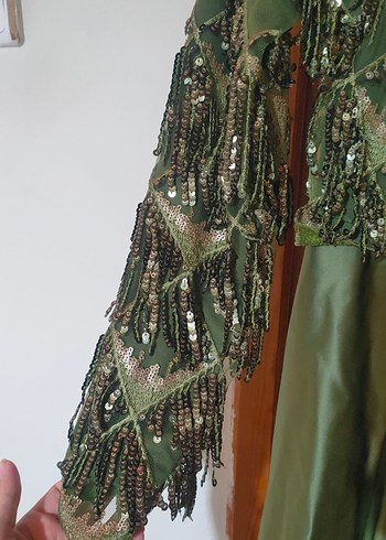 Abiye Yeşil Uzun Kollu Nakışlı Vintage Elbise