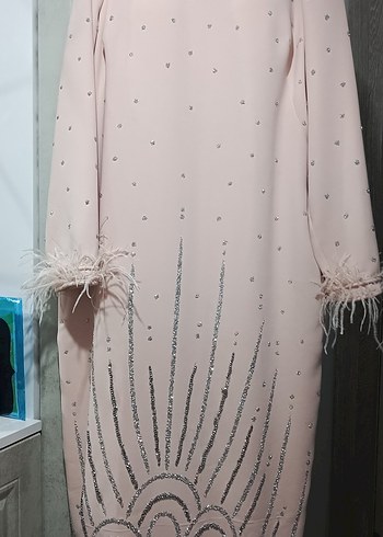 Pembe Uzun Kollu Drapeli Abiye Elbise