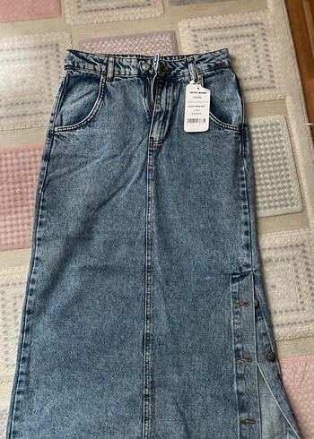 Düğmeli mavi Midi Kot Etek - Görsel 2