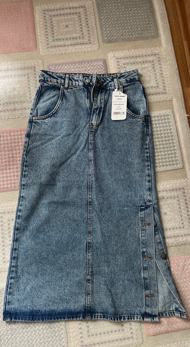 Düğmeli mavi Midi Kot Etek - Görsel 2