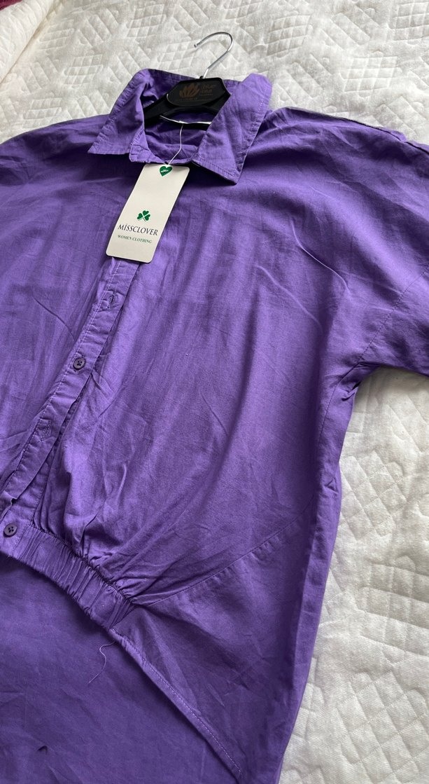 Mor Düğmeli Uzun Kollu Kadın Gömlek - Görsel 3