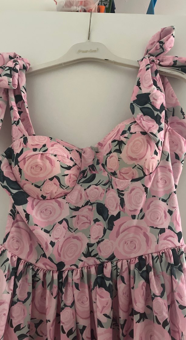 Pembe Çiçekli Vintage Mini Elbise - Görsel 2