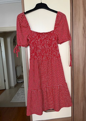 Kırmızı Mini kareli Bohem Elbise