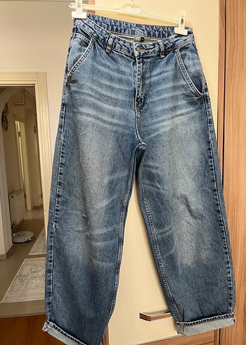 Kadın Mavi Bol Kesim Denim Pantolon