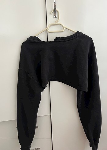 Siyah Crop Uzun Kollu Kadın Sweatshirt - Görsel 4