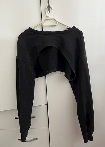 Siyah Crop Uzun Kollu Kadın Sweatshirt - Görsel 2