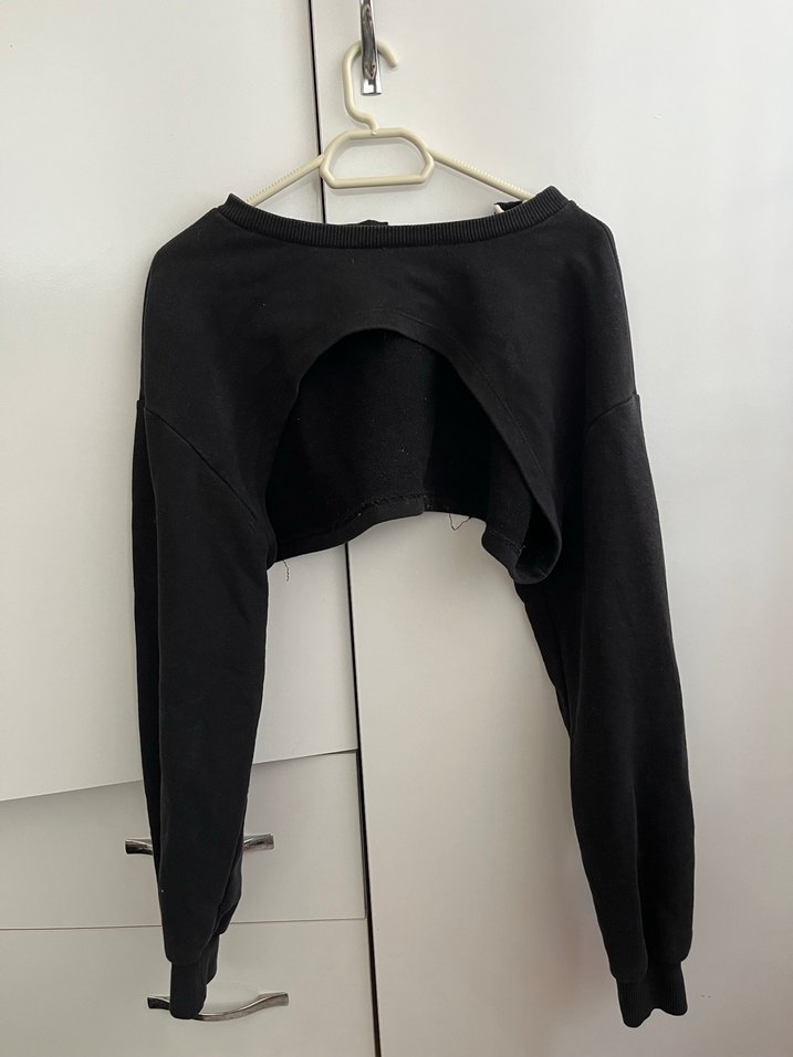 Siyah Crop Uzun Kollu Kadın Sweatshirt - Görsel 2