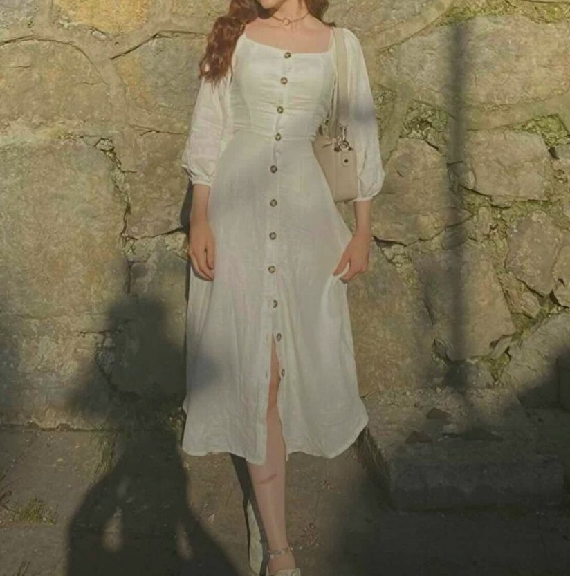 Düğmeli Beyaz Midi Bohem Keten Pinterest Elbise - Görsel 2