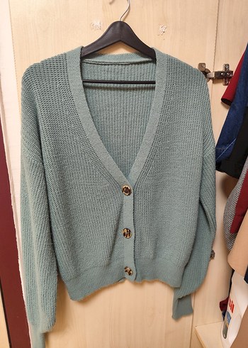 Düğmeli su yeşili Örgü Kadın Hırka - Görsel 2