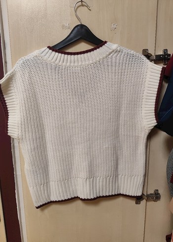 Bordo-Beyaz V Yaka Örgü Süveter - Görsel 2