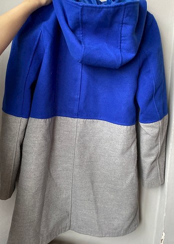 Gri Mavi Blok Renkli Fermuarlı Midi Kaban - Görsel 3