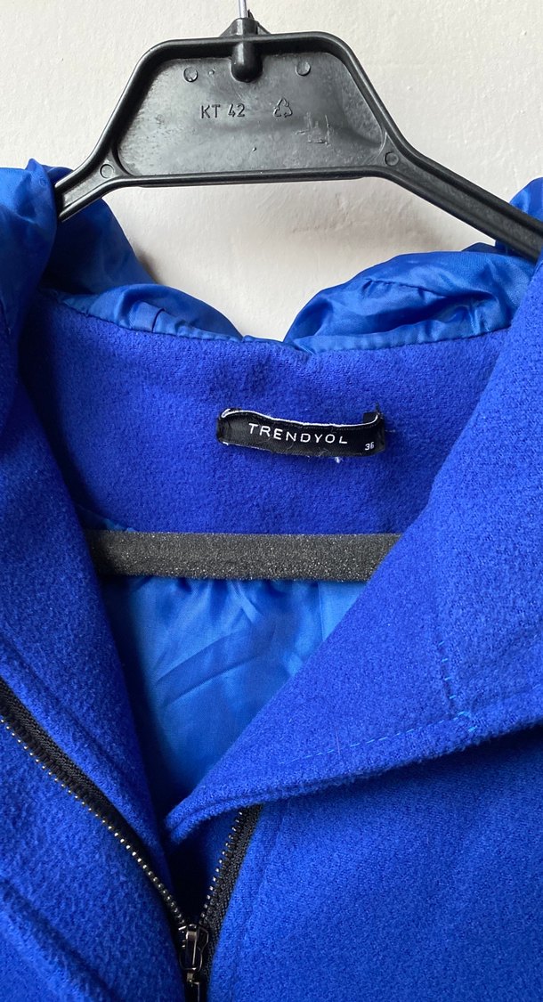 Gri Mavi Blok Renkli Fermuarlı Midi Kaban - Görsel 2