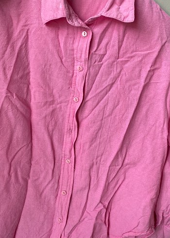 Pembe Keten Düğmeli Kadın Gömlek - Görsel 4