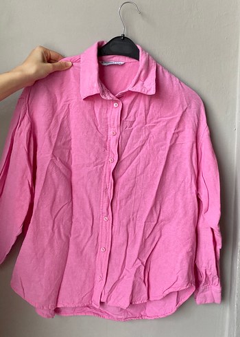 Pembe Keten Düğmeli Kadın Gömlek - Görsel 2