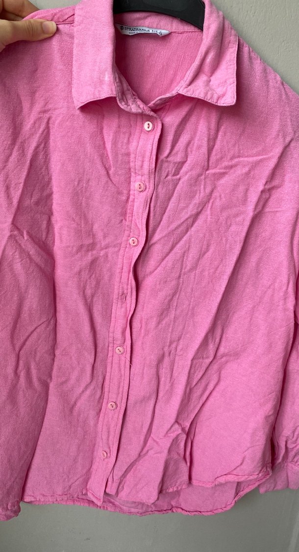 Pembe Keten Düğmeli Kadın Gömlek - Görsel 4