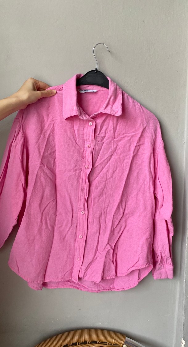 Pembe Keten Düğmeli Kadın Gömlek - Görsel 2