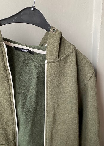 Hafif Haki Kapüşonlu Fermuarlı Hırka - Görsel 2