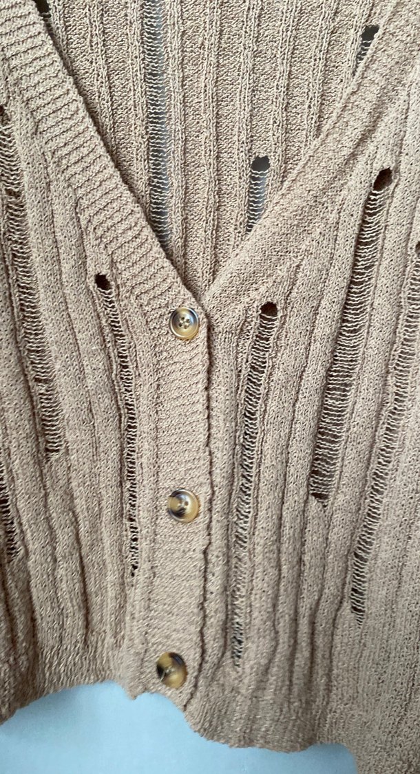 Bej V Yaka Örgü Kadın Hırka - Görsel 2