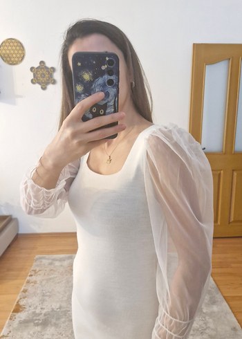 Beyaz Kare Yakalı Triko Midi Elbise - Görsel 3