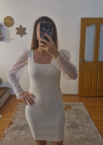 Beyaz Kare Yakalı Triko Midi Elbise - Görsel 4