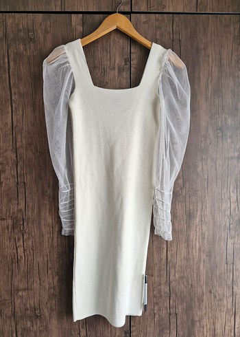 Beyaz Kare Yakalı Triko Midi Elbise - Görsel 9