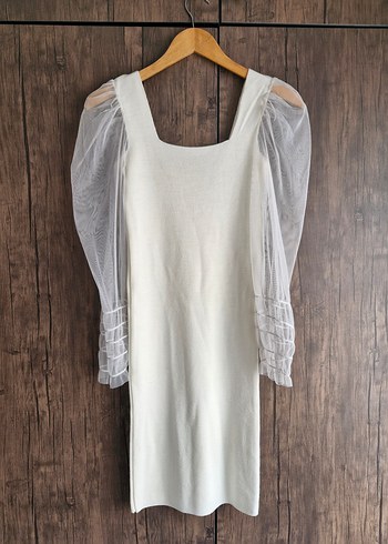 Beyaz Kare Yakalı Triko Midi Elbise - Görsel 8