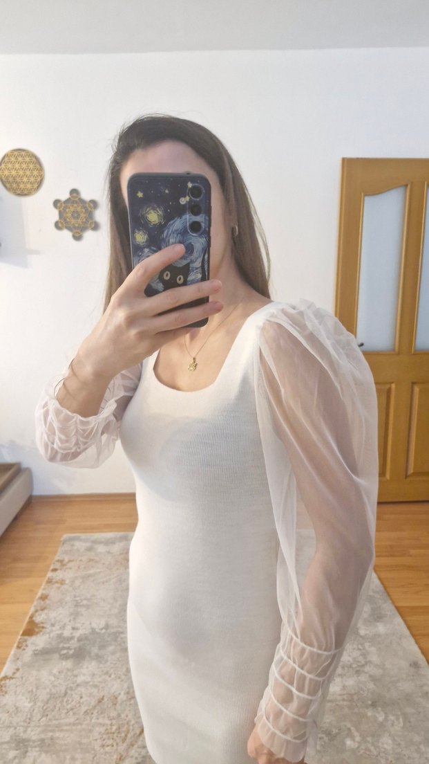 Beyaz Kare Yakalı Triko Midi Elbise - Görsel 3