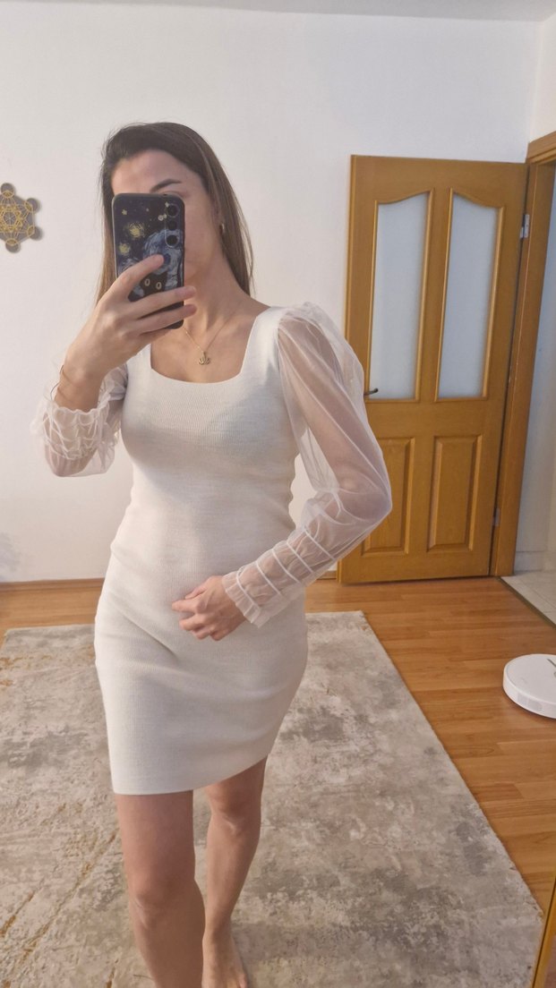 Beyaz Kare Yakalı Triko Midi Elbise - Görsel 2