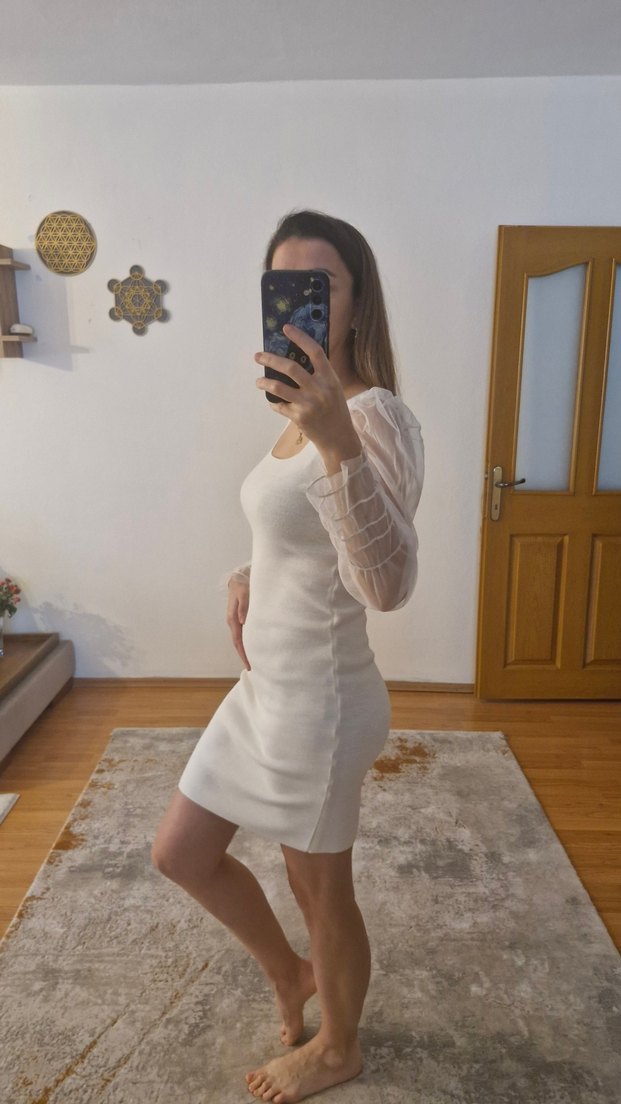 Beyaz Kare Yakalı Triko Midi Elbise - Görsel 5