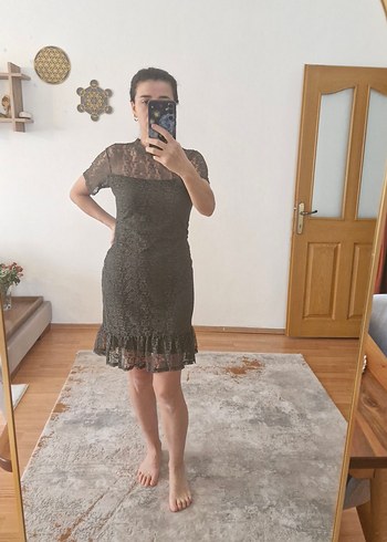 Adil Işık Haki yeşil dantel Detaylı Midi Elbise - Görsel 3