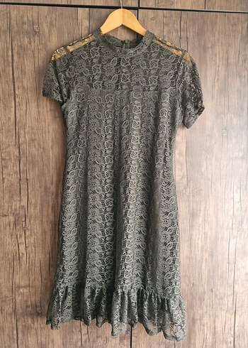 Adil Işık Haki yeşil dantel Detaylı Midi Elbise - Görsel 9