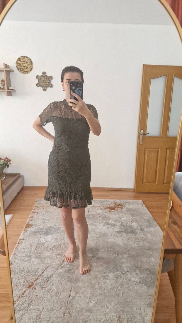 Adil Işık Haki yeşil dantel Detaylı Midi Elbise - Görsel 3