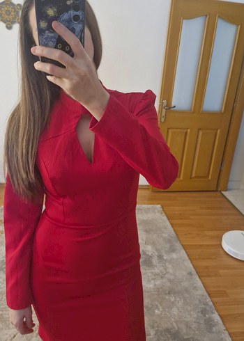 Trendyol Etiketli Uzun Kollu Kırmızı Mini Elbise - Görsel 5