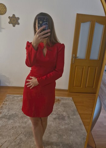 Trendyol Etiketli Uzun Kollu Kırmızı Mini Elbise - Görsel 2