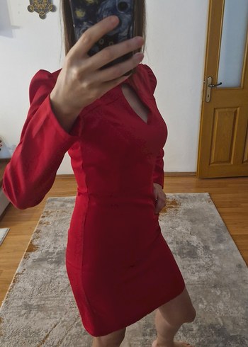 Trendyol Etiketli Uzun Kollu Kırmızı Mini Elbise - Görsel 3