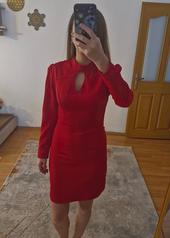 Trendyol Etiketli Uzun Kollu Kırmızı Mini Elbise - Görsel 4