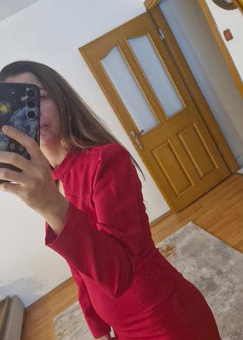 Trendyol Etiketli Uzun Kollu Kırmızı Mini Elbise - Görsel 6