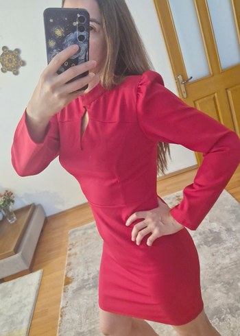 Trendyol Etiketli Uzun Kollu Kırmızı Mini Elbise - Görsel 7