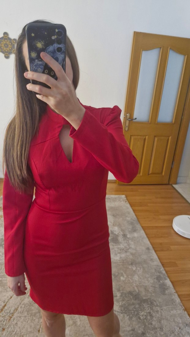 Trendyol Etiketli Uzun Kollu Kırmızı Mini Elbise - Görsel 5