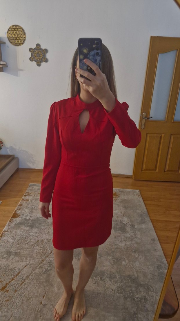 Trendyol Etiketli Uzun Kollu Kırmızı Mini Elbise - Görsel 4