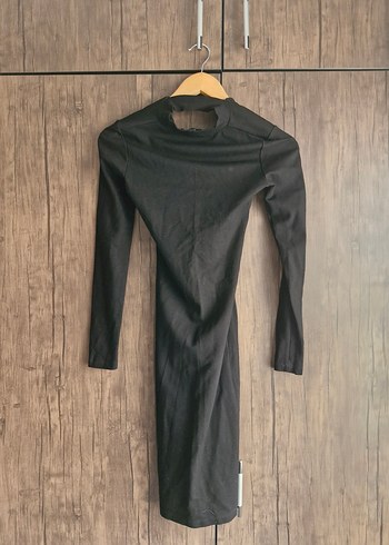 Siyah V Yaka Midi Kalem Elbise - Görsel 4