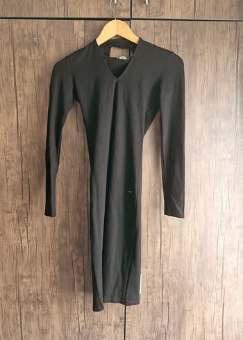 Siyah V Yaka Midi Kalem Elbise - Görsel 3