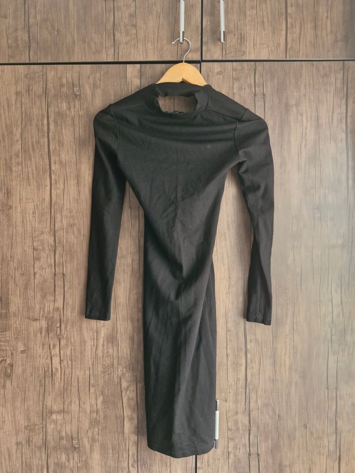 Siyah V Yaka Midi Kalem Elbise - Görsel 4