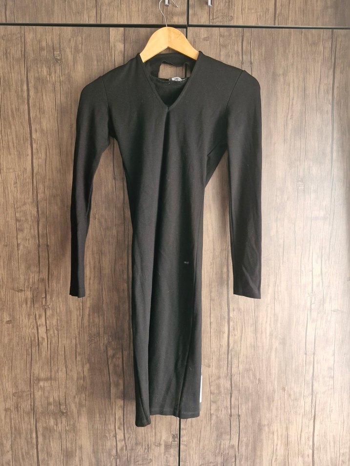 Siyah V Yaka Midi Kalem Elbise - Görsel 3