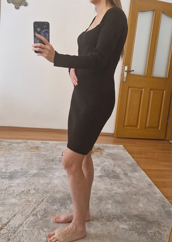 Trendyolmilla Siyah asimetrik Yaka Triko Elbise - Görsel 4