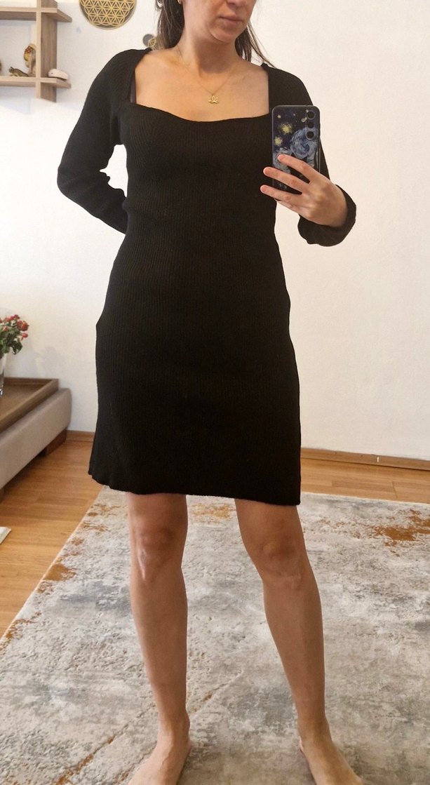 Trendyolmilla Siyah asimetrik Yaka Triko Elbise - Görsel 2