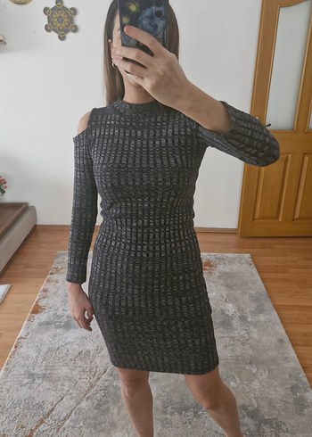 Gri Çizgili Yüksek Yaka Triko Elbise - Görsel 2